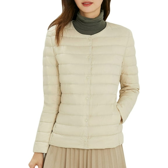 Light Weight Jacket Womens Lightweight White Down Solid Basic Button Crew Neck Quilted Puffer Trendy Coat
