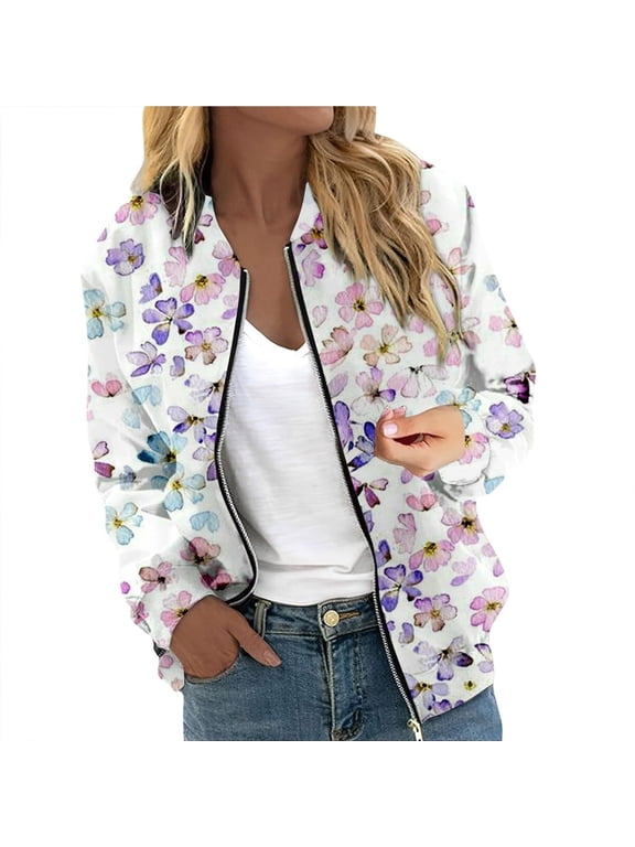Light Weight Jacket Womens Loose Floral Print Windbreaker Long Sleeve Zipper Casual Bomber Fall Jacket
