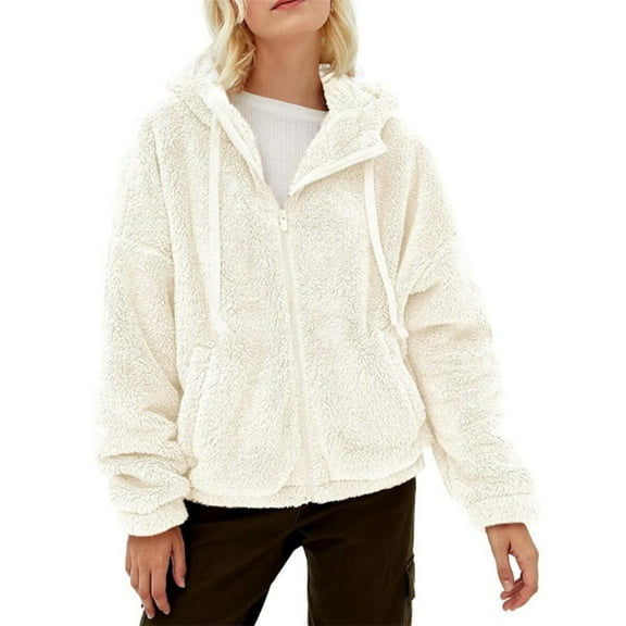 Light Weight Jacket Womens Oversize Fuzzy Fleece Zipper Hoodie Solid Loose Hooded Sweatshirt With Pocket Trendy Coat