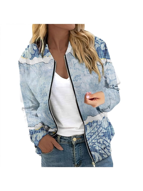 Light Weight Jacket Womens Oversize Zipper Bomber Vintage Floral Print Long Sleeve Casual Trendy Coat