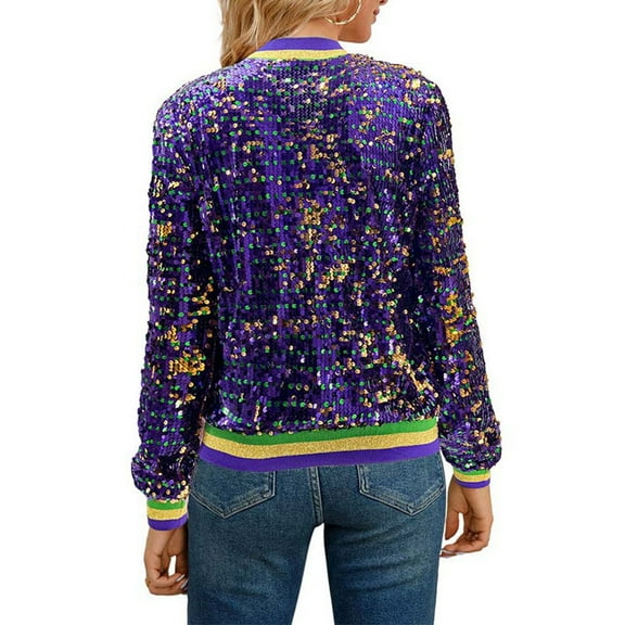 Light Weight Jacket Womens Sparkly Sequin Zipper Bomber Fashion Long Sleeve Party Stripe Patchwork Fall Jacket