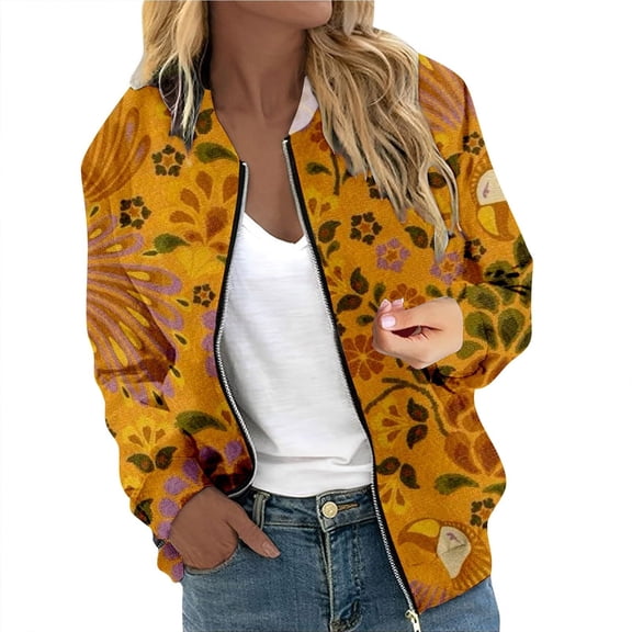 Light Weight Jacket Womens Vintage Floral Print Baseball Fashion Long SLeeve Zipper Stand Collar Bomber Winter Coat