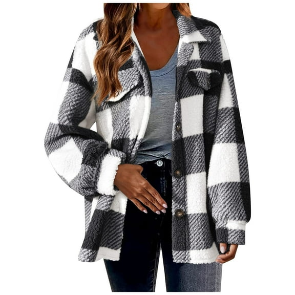Light Weight Jacket Womens Wool Lamb Plaid Shirts Long Sleeve Flannel Lapel Button Down Cardigan Boyfriend Shacket Winter Coat