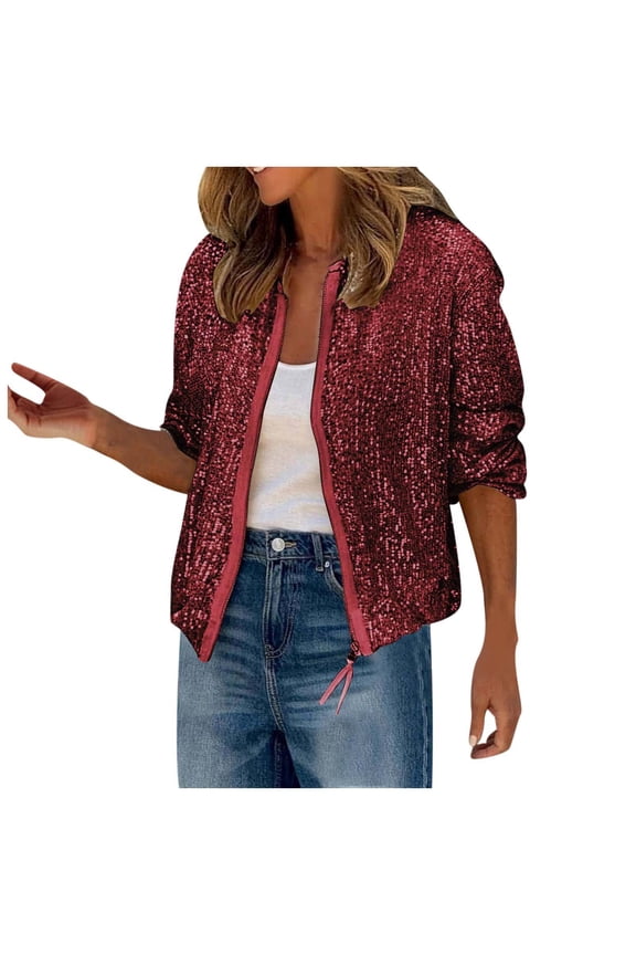 Light Weight Jacket Womens Zipper Sequin Glitter Cropped Long Sleeve Bomber Sparkly Party Trendy Jacket