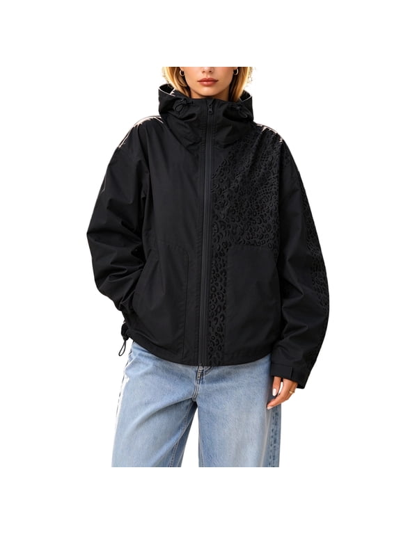 Light Weight Jackets Womens Zip Up Hooded Water Reactive Soft Rain Coats Long Sleeve Leopard Print Windbreaker Waterproof Casual Y2k Travel Jackets with Pockets Black 2XL