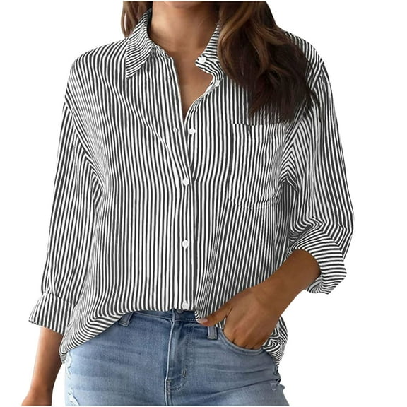 Light Weight Shirt for Women Fashion Vertical Stripe Button Down Shirt Dressy Casual Long Sleeve Work T-Shirt Blouses