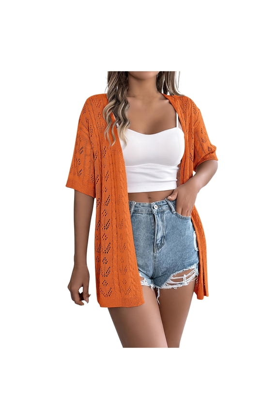 Light Weight Summer Crochet Cardigan for Women, Short Sleeve Open Front Knit Cardigan Sweaters Orange S