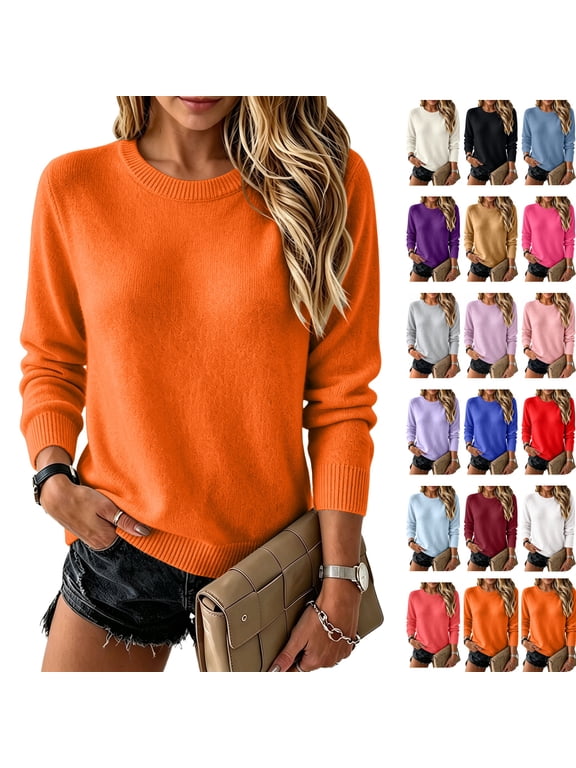 Light Weight Sweater for Women Crew Neck Long Sleeve Knit Winter Pullover Tops Solid Cozy Lightweight Work 2026 Sweaters Orange M