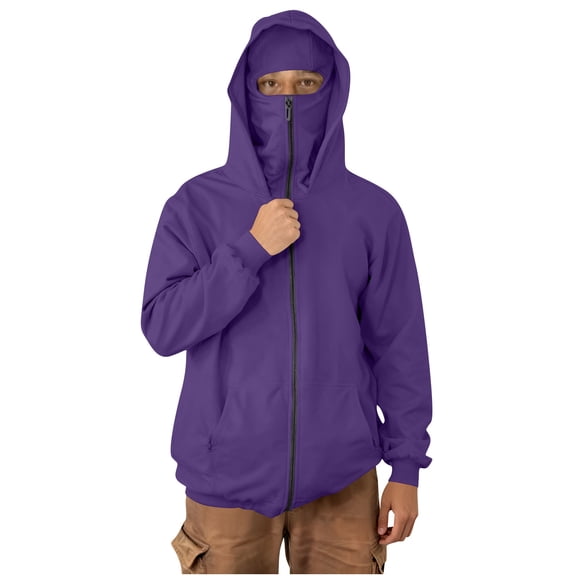 Light Weight Winter Outerwear Men's Hoodie Jackets with Face Mask Zip up Jacket Double Hooded Sweatshirt Windproof Athletic Coat Purple XL