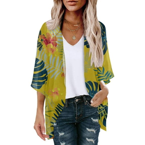 Light Weight Yellow Cardigan Women Summer,Cardigans for Women Summer Chiffon Floral Print Puff Sleeve Kimono Cardigan Loose Beach Cover Up Casual Blouse Tops