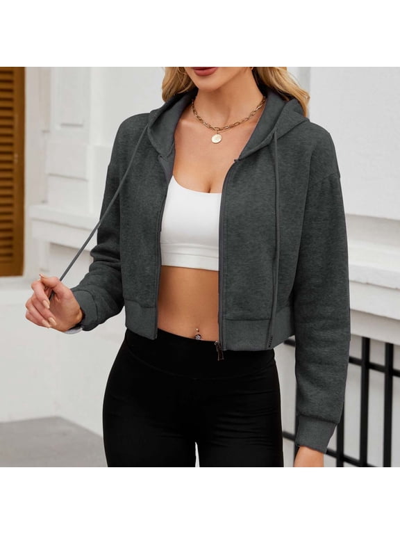 Light Weight Zip Up Hoodie Women Cropped Hoodies Casual Fashion Jackets Fitted 2025 Athletic Workout Clothes Dark Gray M
