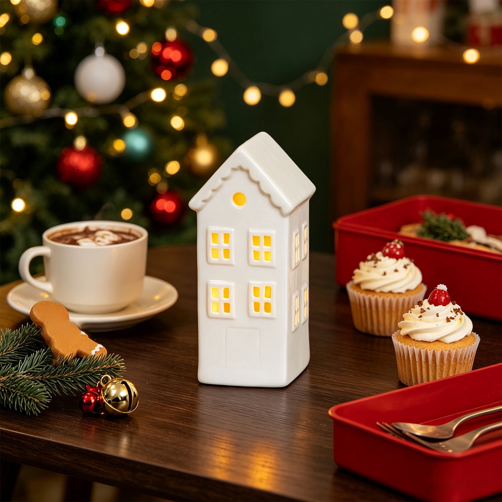 Light up White Ceramic Christmas Village House - Warm LED Lights ...