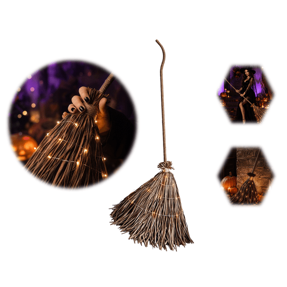 Light Up Witch Broom Halloween Decor 5.2 Ft, Rustic Handcrafted Witches Broom Equipped With Warm LED Lights, Gothic Fall Decoration Prop for Front Porch Entryway Stair Indoor Covered Outdoor Use