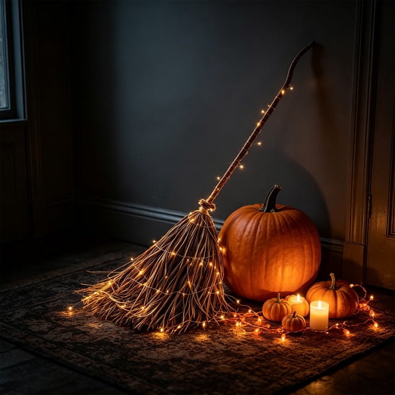 Light Up Witch Broom Halloween Decor 5.5Ft, Rustic Handcrafted Witches Broom Equipped With Warm LED Lights, Gothic Fall Decoration Prop for Front Porch Entryway Stair Indoor Covered Outdoor Use