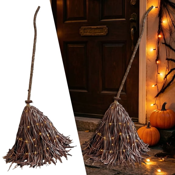 Light Up Witch Broom Halloween Decor, Metal Handmade Twig Broom With Warm String Lights, Indoor Outdoor Halloween Prop For Porch Yard Front Door Party Decor(Black-62.99")
