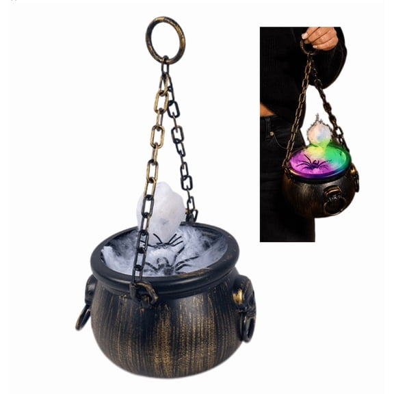 Light Up Witch Cauldron Halloween Decor with Color LED Smoke Effect, Hanging Copper Color Barrel with Chain Spider Detail, Spooky Pot Tabletop Ornament for Indoor Outdoor Halloween Party Yard Porch