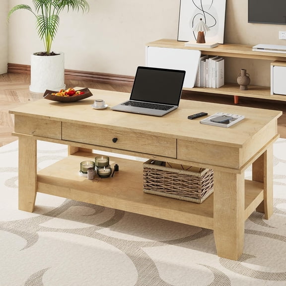 Light Wood 47.2" Coffee Table with Drawer & Storage Shelf, Rustic Living Room Center Table with Heavy Duty Design