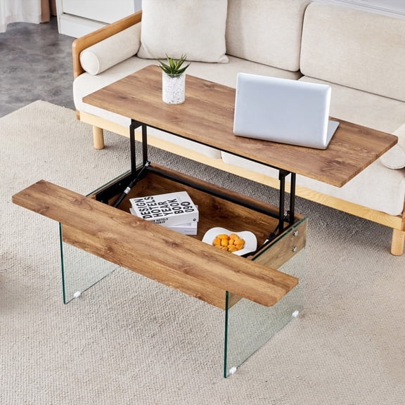 Light Wood Color Lift Top Coffee Table - Tempered Glass Legs and DIY Sticker Design for Versatile Use