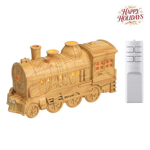 Light Wood Train Diffuser, Christmas Mist Train Lighted Humidifier, Festive Gift Decoration, Farmhouse Style Indoor Xmas Home Accent Decor for Tabletop & Holiday Ornament, Gift for Stocking Stuffer