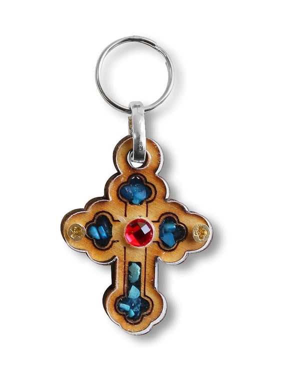 Light Wooden Cross Key Chain with Simulated Turquoise Chips
