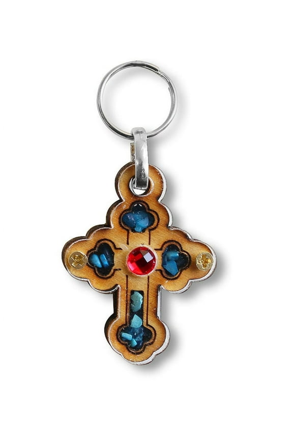Light Wooden Cross Key Chain with Simulated Turquoise Chips