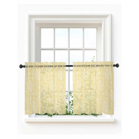 Light Yellow Botanical Tier Curtains 36 Inch Length,Sheer Curtains for Bedroom Living Room Window Spring Summer Chic Wildflowers Short Kitchen Curtains Drapes for Small Half Window 27.5"x36" 2 Panels