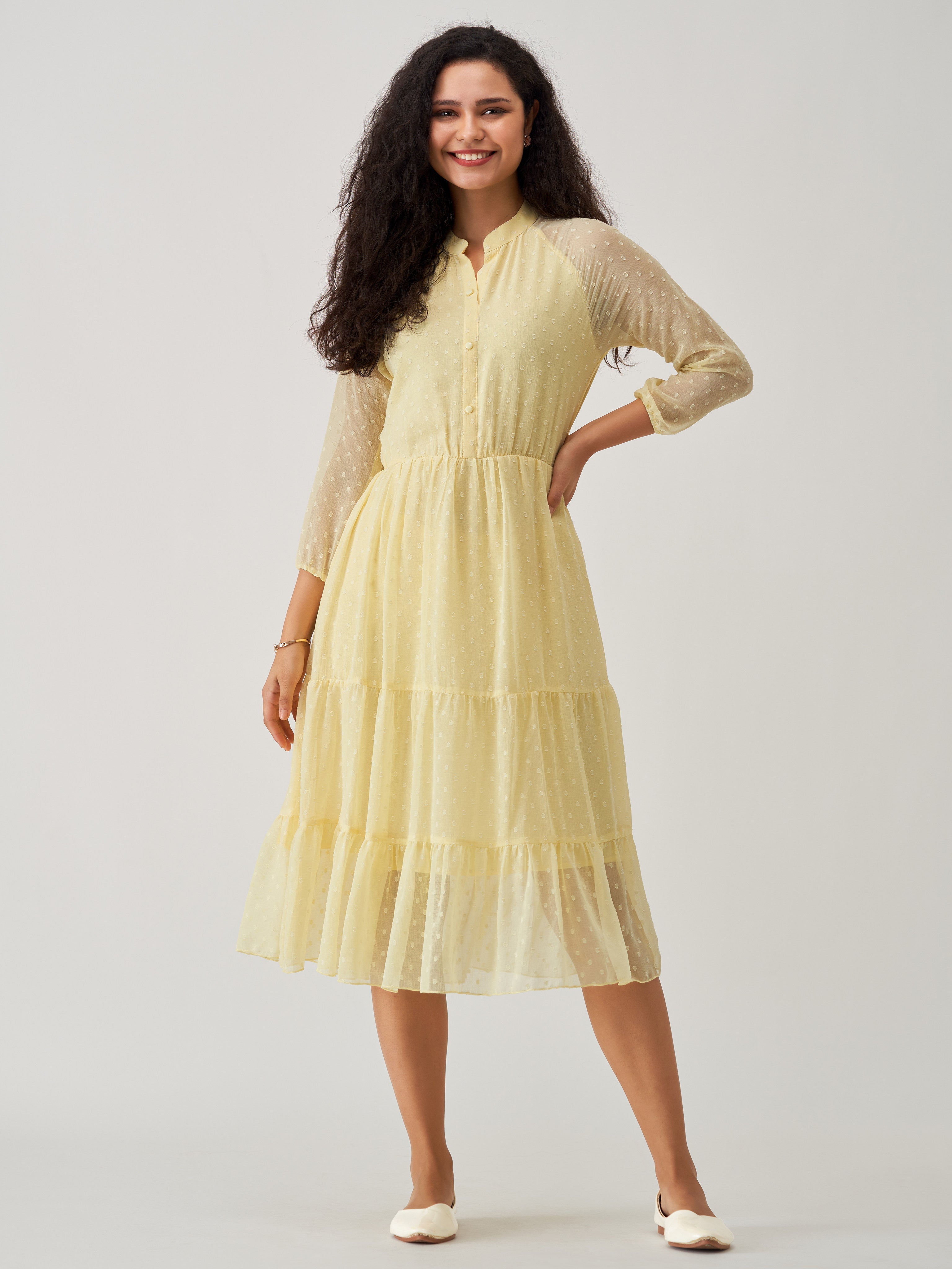 Light Yellow Chiffon Brasso Swiss Dot V-Neck Dress - Walmart.com
