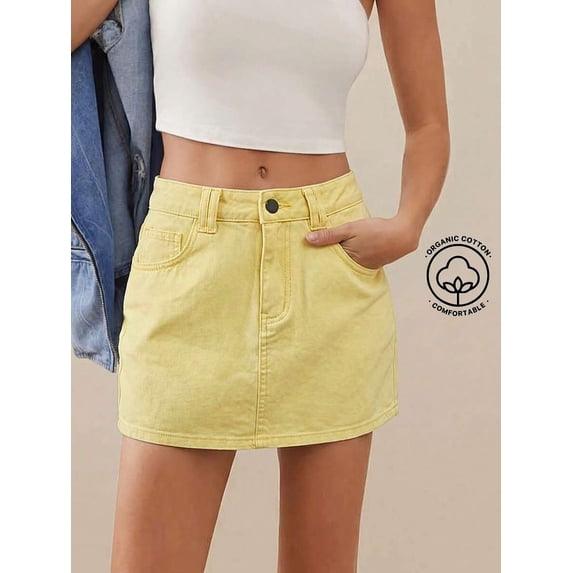 Light Yellow Denim Mini Skirt High Waist A-Line With Front Pockets