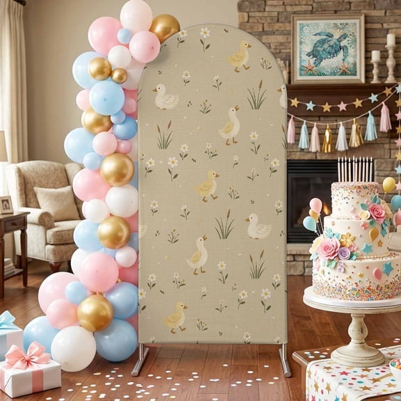 Light Yellow Ducks Arch Backdrop Covers 4 FT, Rustic Nursery Floral Sand Beige Meadow Animal Stretchy Fitted Arched Stand Covers Party Arch Stand Cover Photo Booth for Wedding Birthday Decor