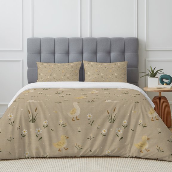 Light Yellow Ducks Duvet Cover Set Full Size, Rustic Nursery Floral Sand Beige Meadow Animal 4 Piece Soft Microfiber Bedding Set with Zipper Closure, 1 Comforter Cover, 1 Flat Sheet, 2 Pillowcases