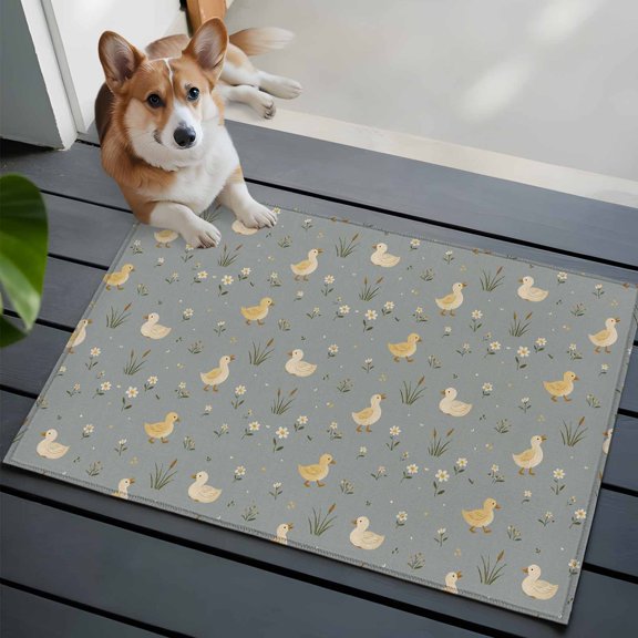 Light Yellow Ducks Small Area Rugs 2x3 Rustic Nursery Floral Grayish Blue Meadow Animal Entryway Rugs Washable Door Mat, Low-Profile Area Rugs Floor Carpet for Living Room Bedroom Home Office