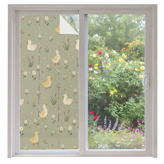 Light Yellow Ducks Window Privacy Film Rustic Nursery Floral Olive Green Meadow Animal Decorative Glass Window Film UV Blocking Static Cling Sticker Covering for Home Door 35.4x78.7 inches