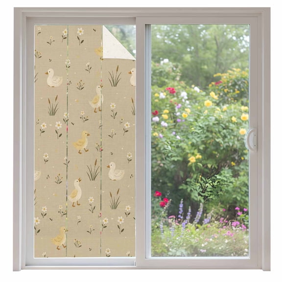 Light Yellow Ducks Window Privacy Film Rustic Nursery Floral Sand Beige Meadow Animal Decorative Glass Window Film UV Blocking Static Cling Sticker Covering for Home Door 35.4x78.7 inches