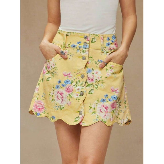 Light Yellow Floral Print High Waist Scalloped Button-Front A-Line Denim
