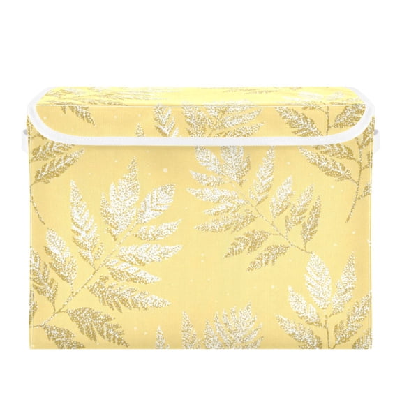 Light Yellow Glitter Fern Leaves Foldable Storage Bins with Lids Handles Collapsible Storage Containers Tote Boxes 16.5 x 12.6 x 11.8 inches