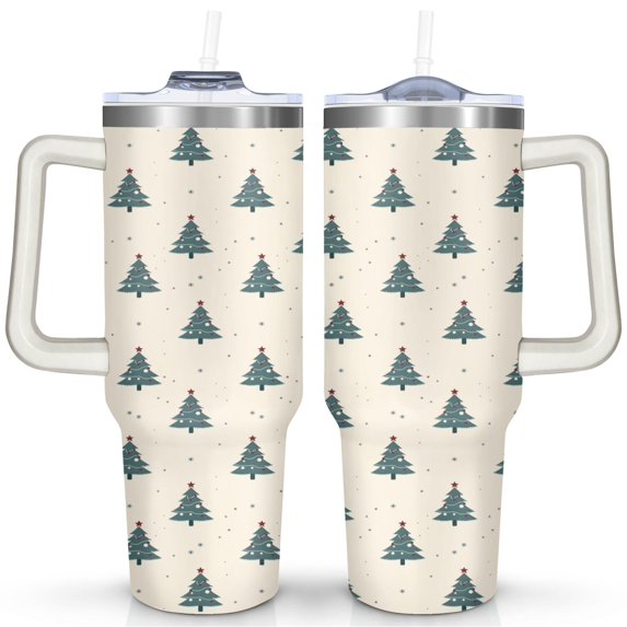 Light Yellow Green Christmas Tree 40 Oz Tumbler with Handle Lid and Straw Stainless Steel Double Walled Vacuum Insulated Cup Merry Christmas Gifts Tumbler for Women Men Friends Outdoor Indoor