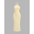 thumbnail image 1 of Light Yellow Halter Neck Knit Bodycon Maxi Dress With Striped Texture, 1 of 7