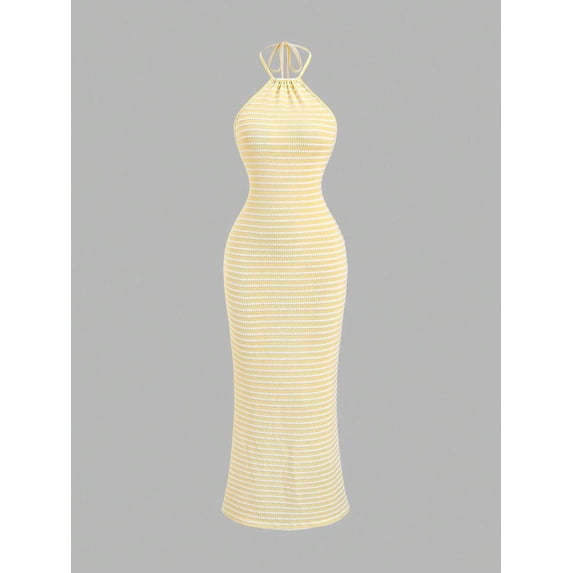 Light Yellow Halter Neck Knit Bodycon Maxi Dress With Striped Texture