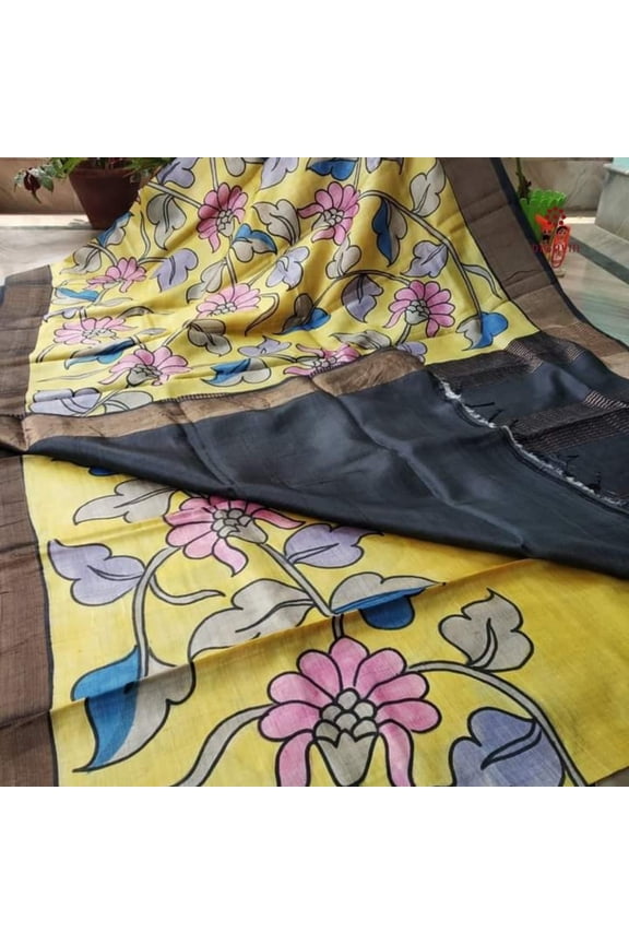 Light Yellow Hand Painted Kalamkari Tussar Silk Saree