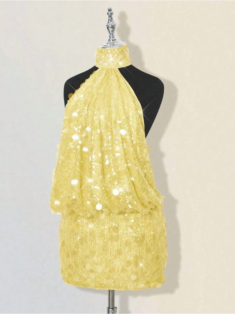 bright yellow bodycon dress Light High Neck Backless Mini With Sequin Embellishment For Women Club Outfit, Women's, Size: Large Hand Wash Cold