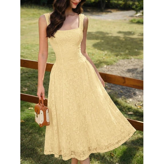 Light Yellow Lace Square Neck Fit & Flare Midi Dress For Women, Casual Summer Wedding Guest Outfit