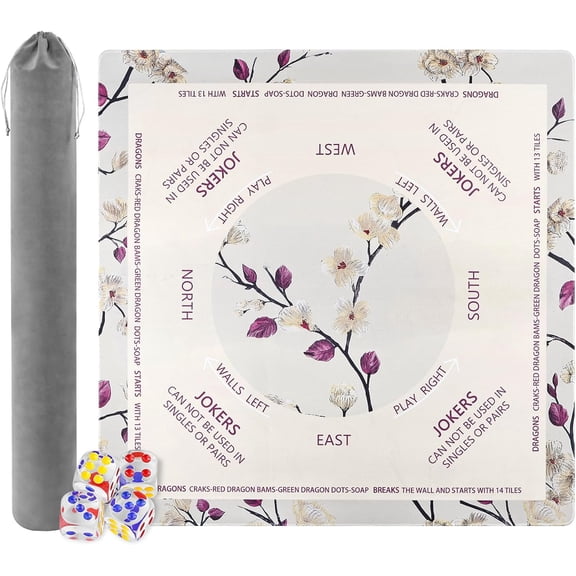 Light Yellow Mahjong Mat with Dice Peach Blossom American Mahjong Table Cloth with Rules Mats, Noise Reduction Anti-Slip Game Mat 33 inch for Mahjong, Poker, Board Games, Card Games, Dominoes