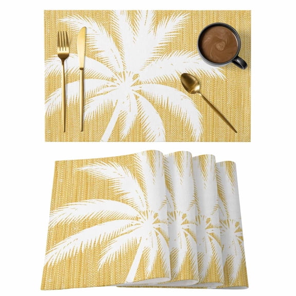 Light Yellow Palm Tree Placemats Set of 8, Summer Country Vintage Tropical Coastal Leaf Non-Slip Place Mats Washable Table Mats for Kitchen Dining Table Decorations Indoor/Outdoor