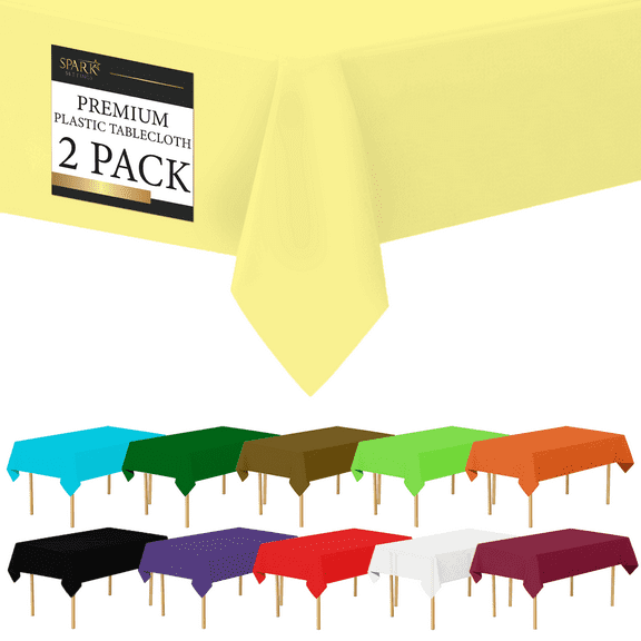Light Yellow Plastic Tablecloth Disposable, 2 Pack Premium Tablecloths for Rectangle Tables 54 inch. x 108 inch. Fits Tables Up to 8 Feet, Plastic Table Cloth for Party, Wedding, Holidays - By Amcrate