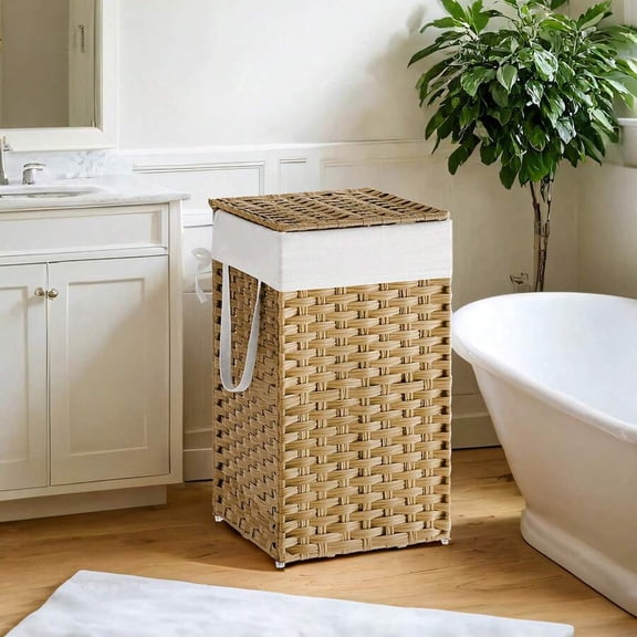 Light Yellow Rattan Laundry Hamper With Lid, Removable Liner And Handles, Foldable For Bathroom Or Laundry Room