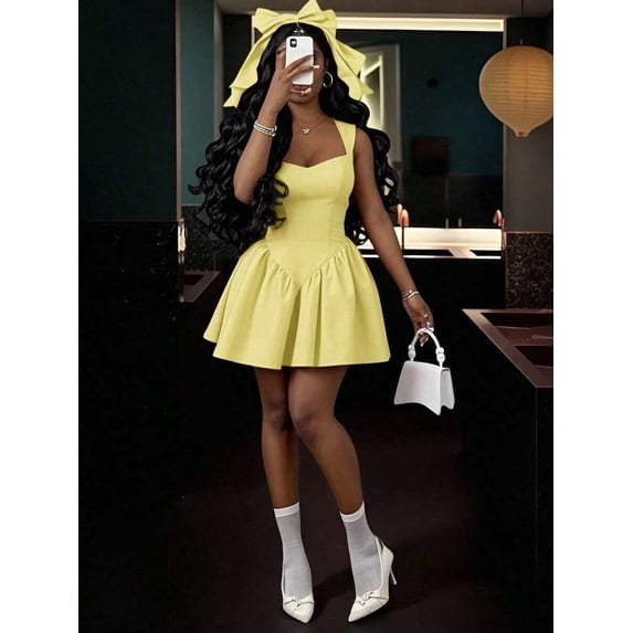 Light Yellow Sleeveless Keyhole Backless A-Line Skater Mini Dress For Women