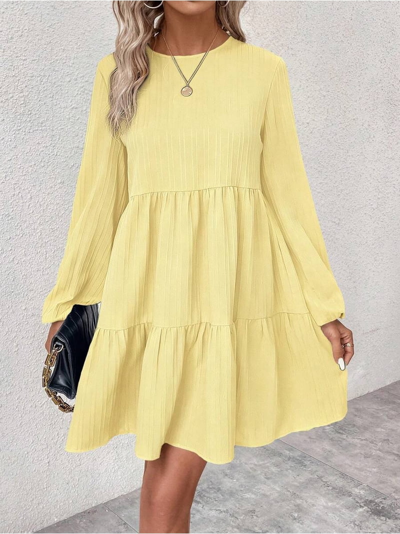gold smock dress Light Yellow With Ruffle Hem And Bishop Sleeves, Round Neck, Casual Short Dress For Women subcategory3:Blue Mini Dresses