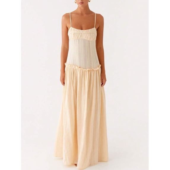 Light Yellow Spaghetti Strap Smocked Tiered Maxi Sundress Flowy Vacation Beach Dress
