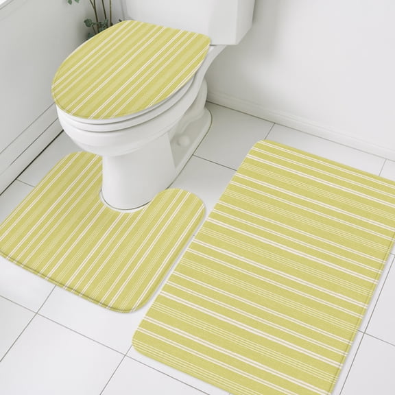 Light Yellow Striped Bathroom Rugs Set Minimalism Stripes Modern Vintage Farmhouse Abstract Non Slip Absorbent Bath Mats 3 Piece Set, Bathroom Rug, U-Shaped Floor Mat, Toilet Seat Cover Large Size