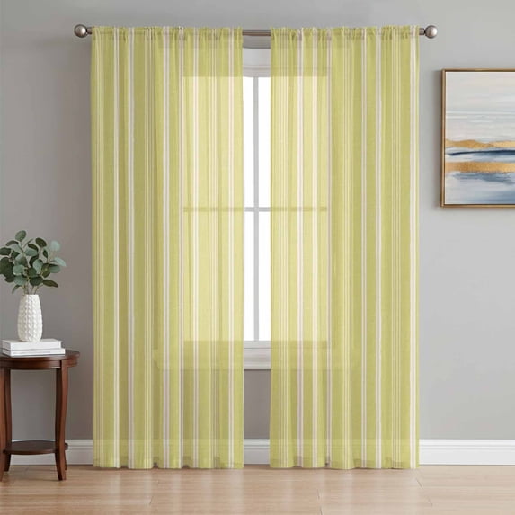Light Yellow Striped Sheer Curtains 72 Inches Long, Farmhouse Stripes Modern Vintage Light Filtering Window Curtains for Living Room, Rod Pocket Voile Sheer Curtain Drapes, 52"W x 72"L, 2 Panels